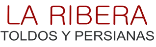 A red and white logo for la ribera toldos y persianas