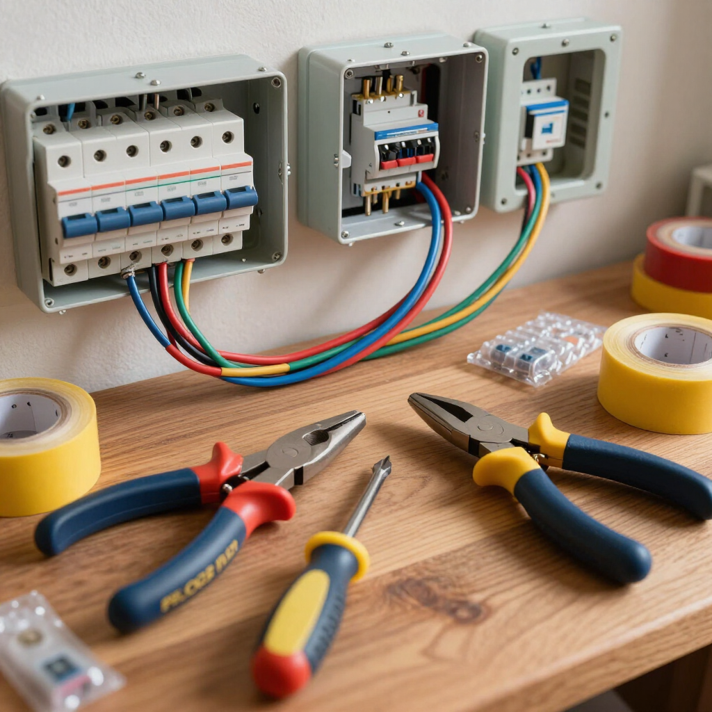 Cajas eléctricas con disyuntores y cableado sobre un banco de trabajo