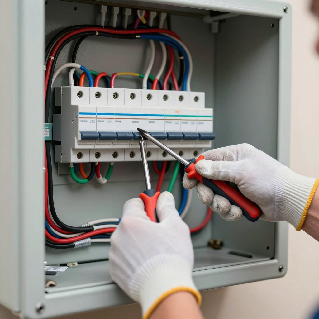 Manos con guantes cableando un panel de interruptores eléctricos usando un destornillador y unos alicates.