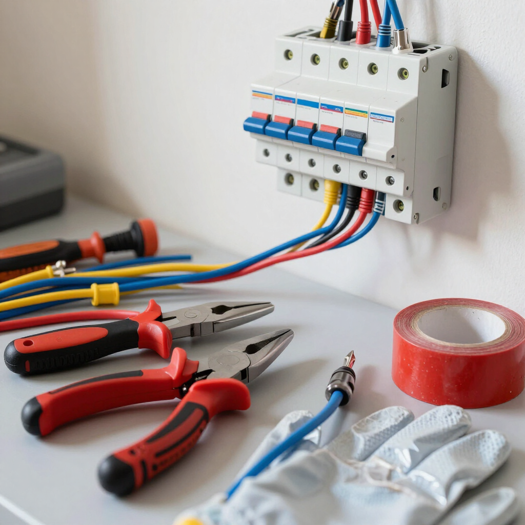Herramientas eléctricas y cables junto a un panel de disyuntores montado sobre una superficie de trabajo.