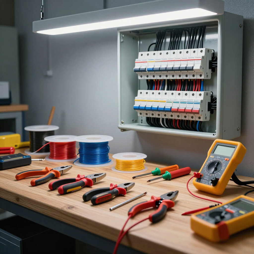 Banco de trabajo eléctrico con panel de interruptores abierto, herramientas, multímetro y carretes de cables de colores.