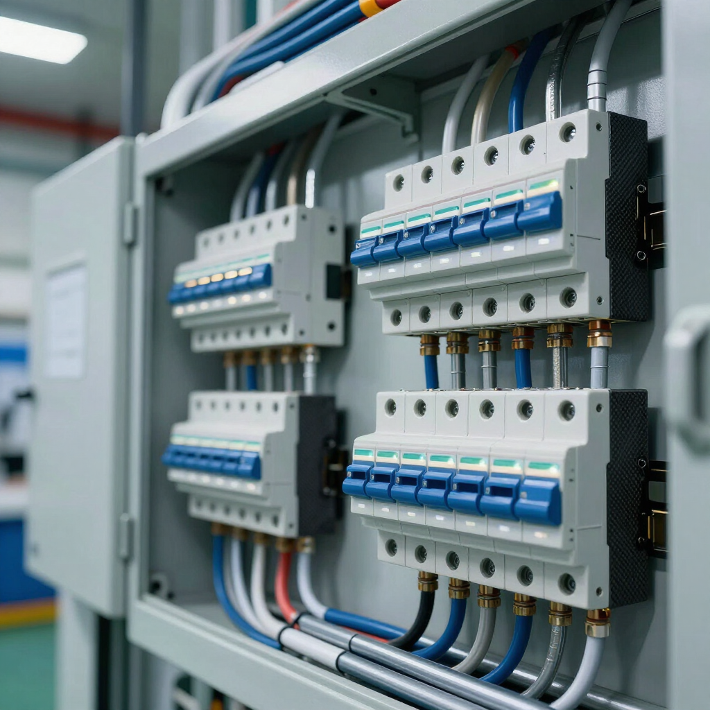 Panel de control eléctrico con disyuntores y cables azules, blancos y negros ordenados cuidadosamente.