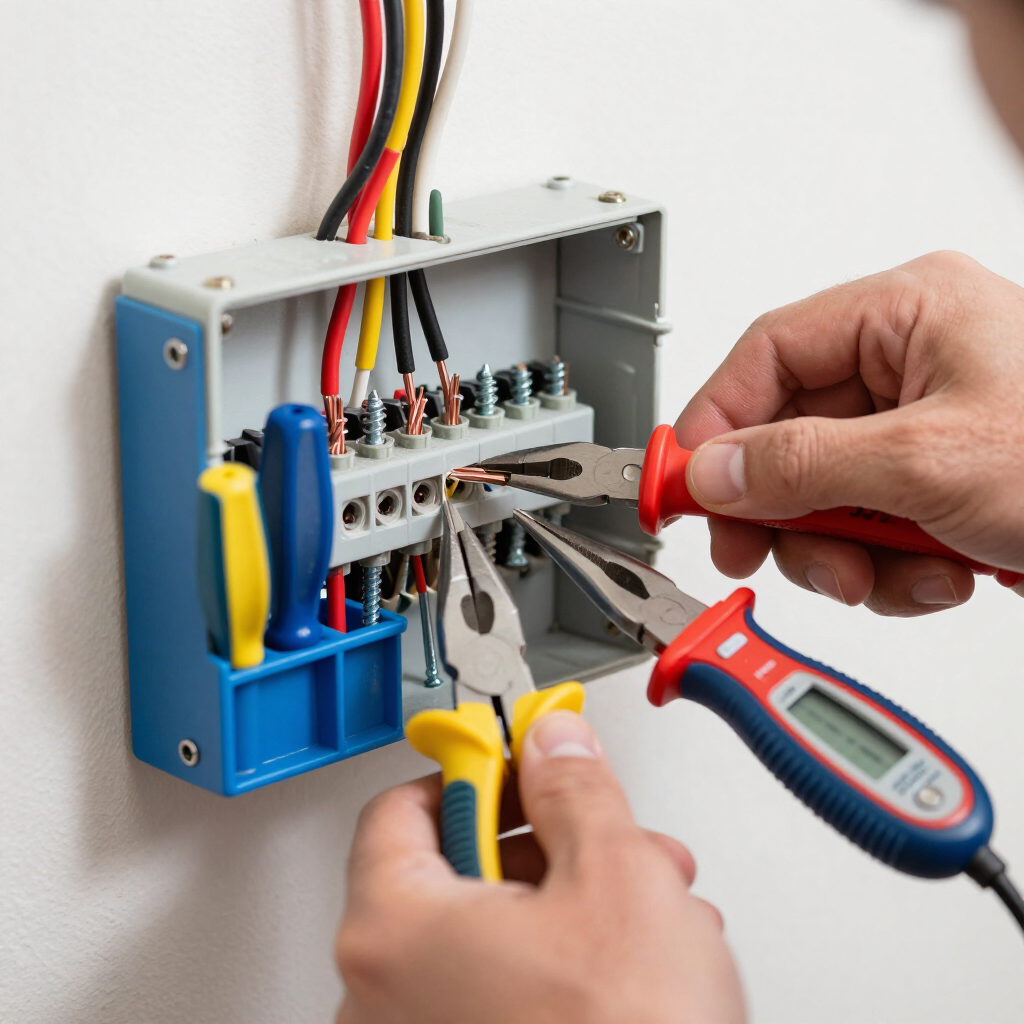 Manos cableando una caja eléctrica abierta con destornilladores y alicates.