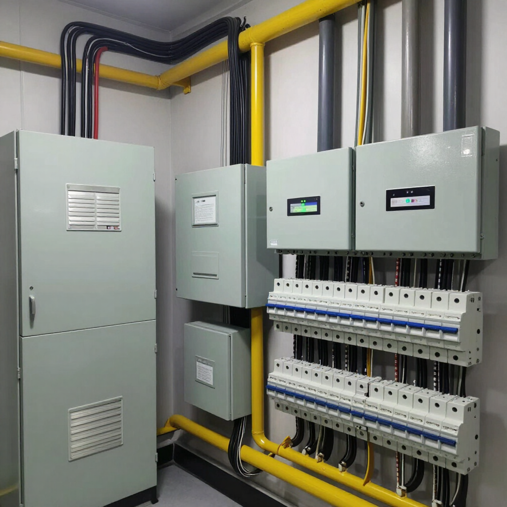 Sala de paneles eléctricos con armarios de control grises, disyuntores y tuberías de conducto amarillas en la pared.