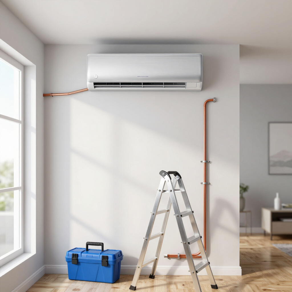 Interior de la vivienda con unidad de aire acondicionado montada