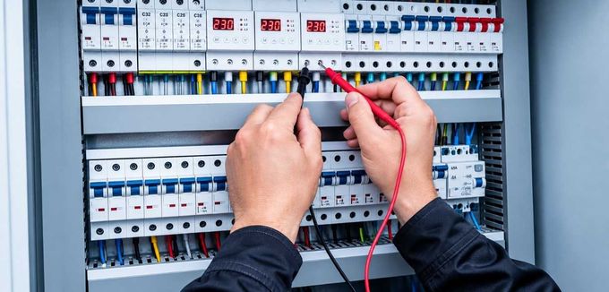 Manos probando un panel eléctrico con una sonda roja y cables negros.