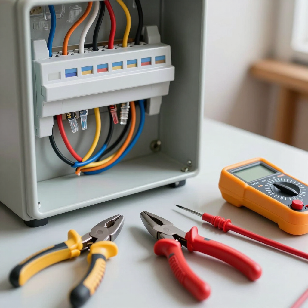 Panel eléctrico con cableado multicolor, alicates, destornillador y multímetro sobre una superficie de trabajo.