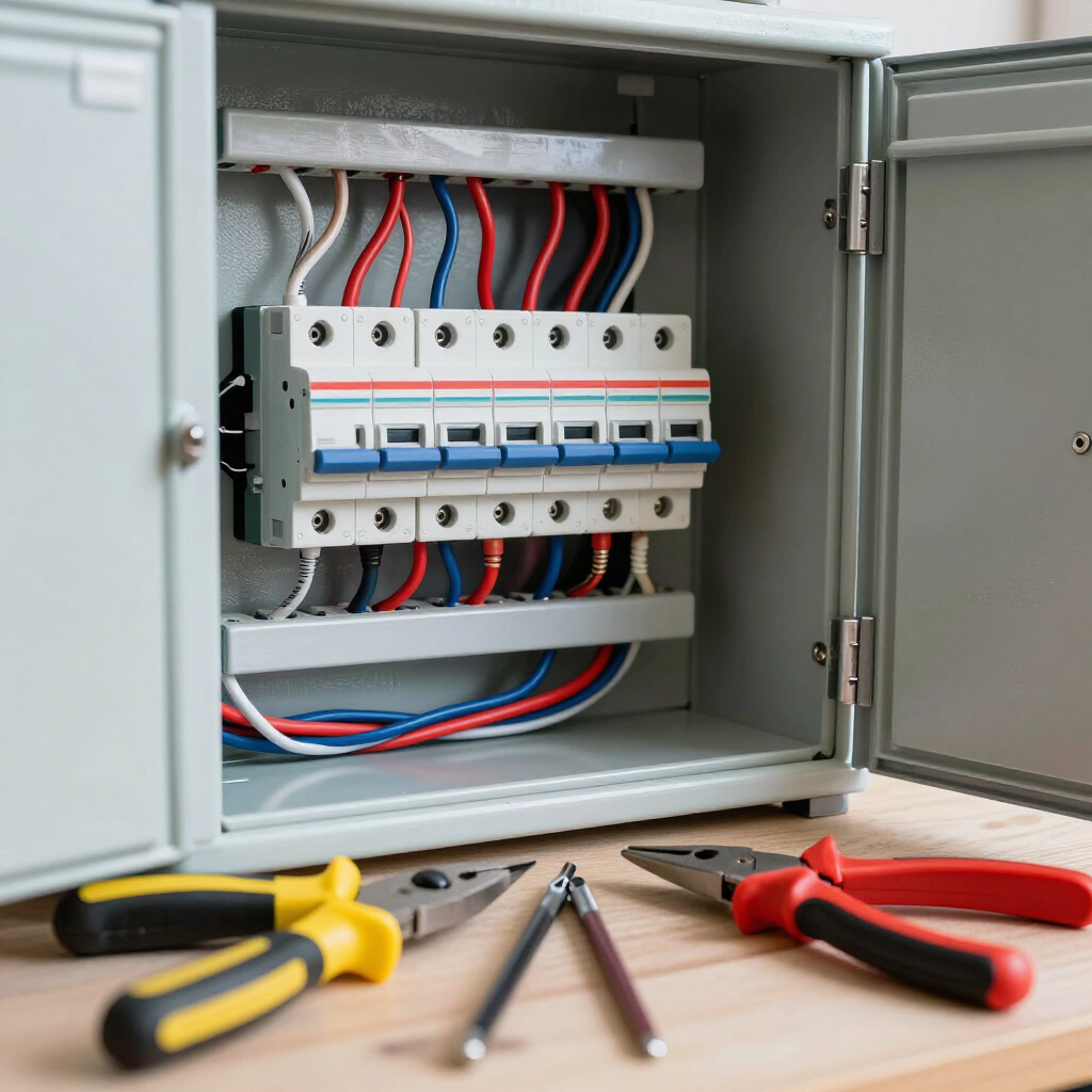 Panel eléctrico abierto con disyuntores y herramientas manuales sobre un banco de trabajo.