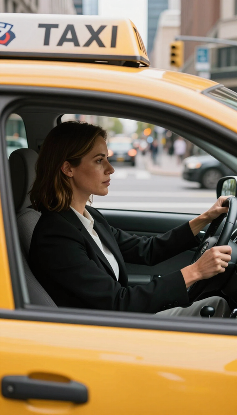 Conductor en un taxi amarillo, visto de perfil detrás del volante.