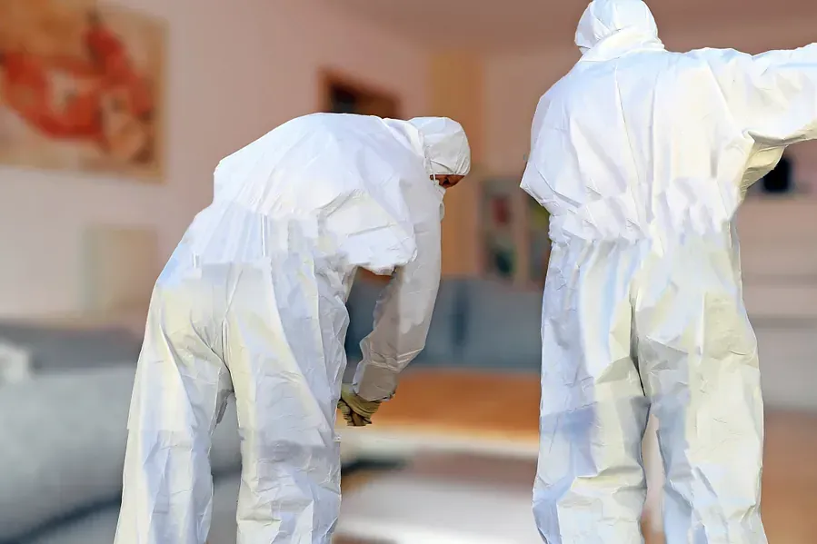 Dos hombres vestidos con monos blancos están limpiando una sala de estar.