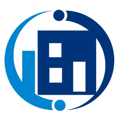 Un logotipo azul y blanco con un edificio en el medio.