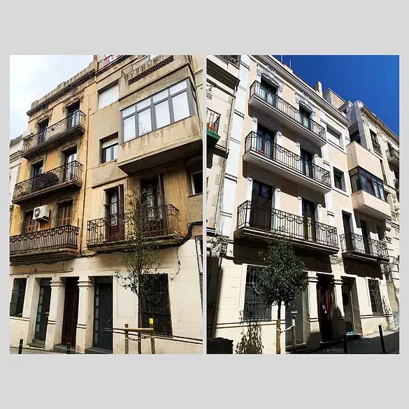 Una fotografía de antes y después de un edificio con balcones.