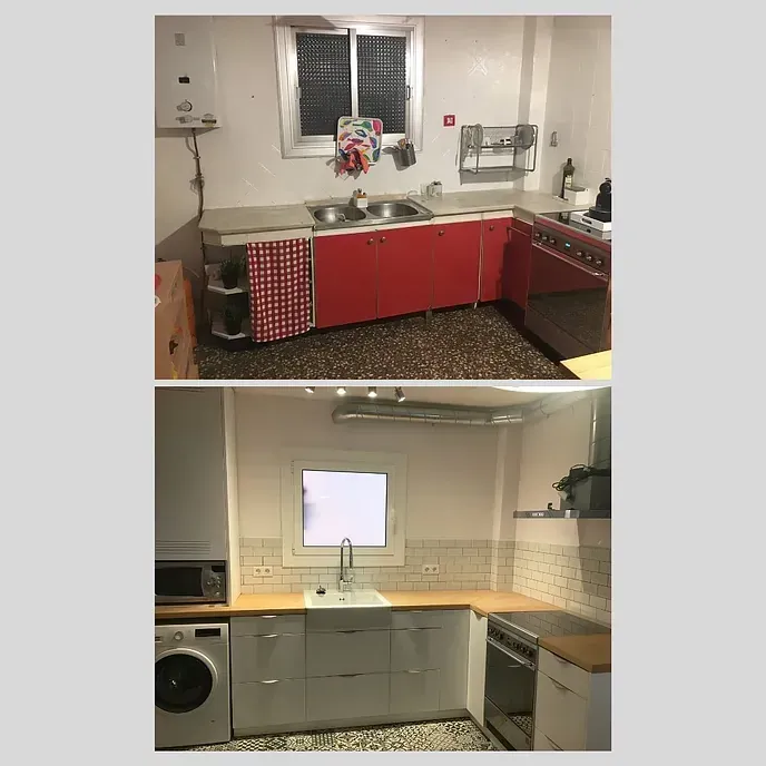 Una foto de antes y después de una cocina con gabinetes rojos.
