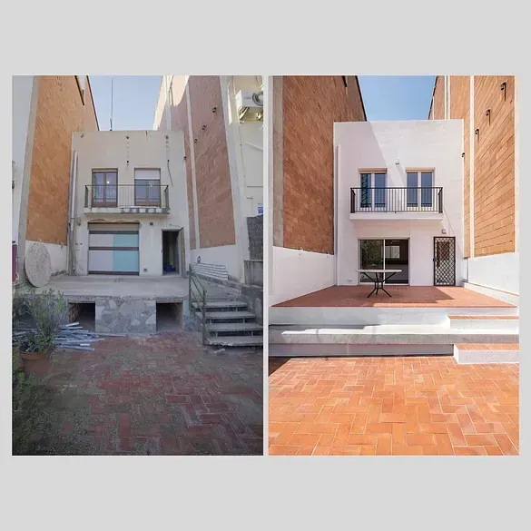 Una foto de antes y después de una casa con balcón.