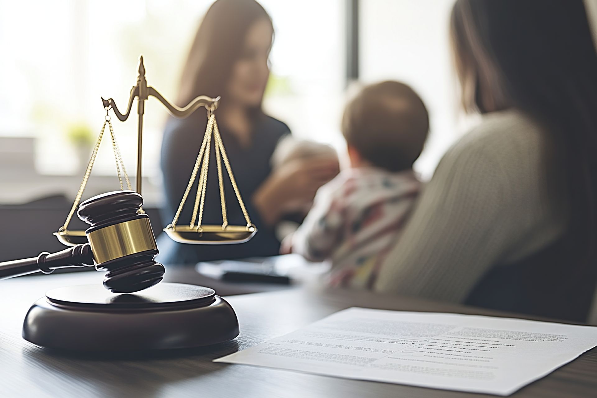 Livre de droit et balance sur un bureau, des personnes dans une réunion de droit familial floue
