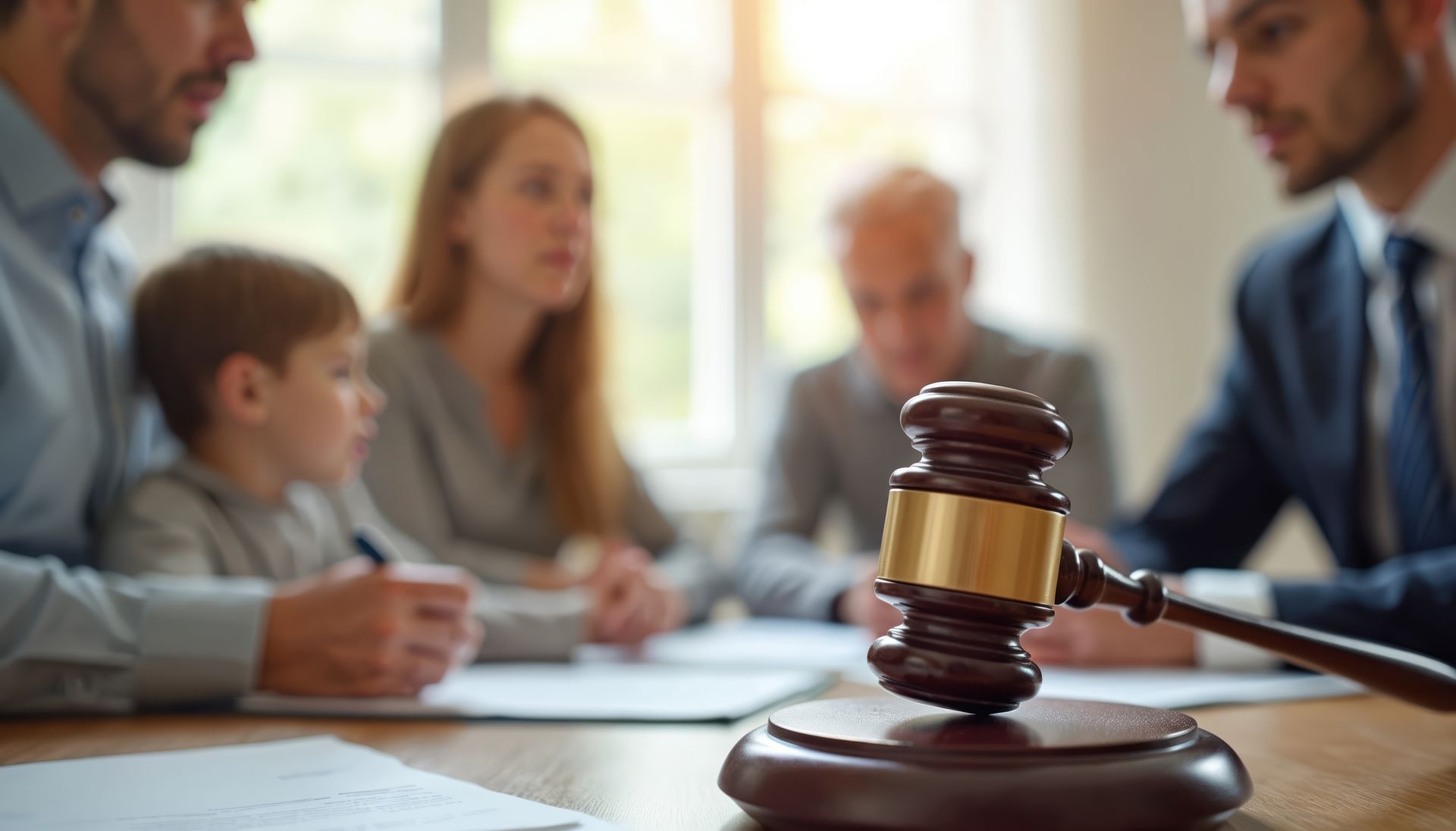 Réunion au tribunal, le marteau sur la table et les personnes assises en train de discuter