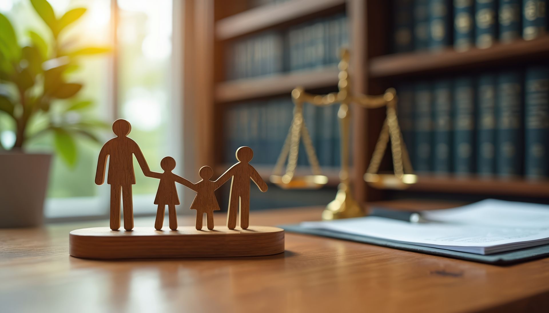 Des figurines familiales en bois sur un bureau, avec des livres de droit, une balance de la justice et un carnet ouvert en arrière-plan.
