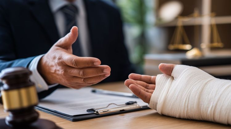 L'avocat et son client se tendent la main par-dessus un bureau, une main bandée étant visible au premier plan.
