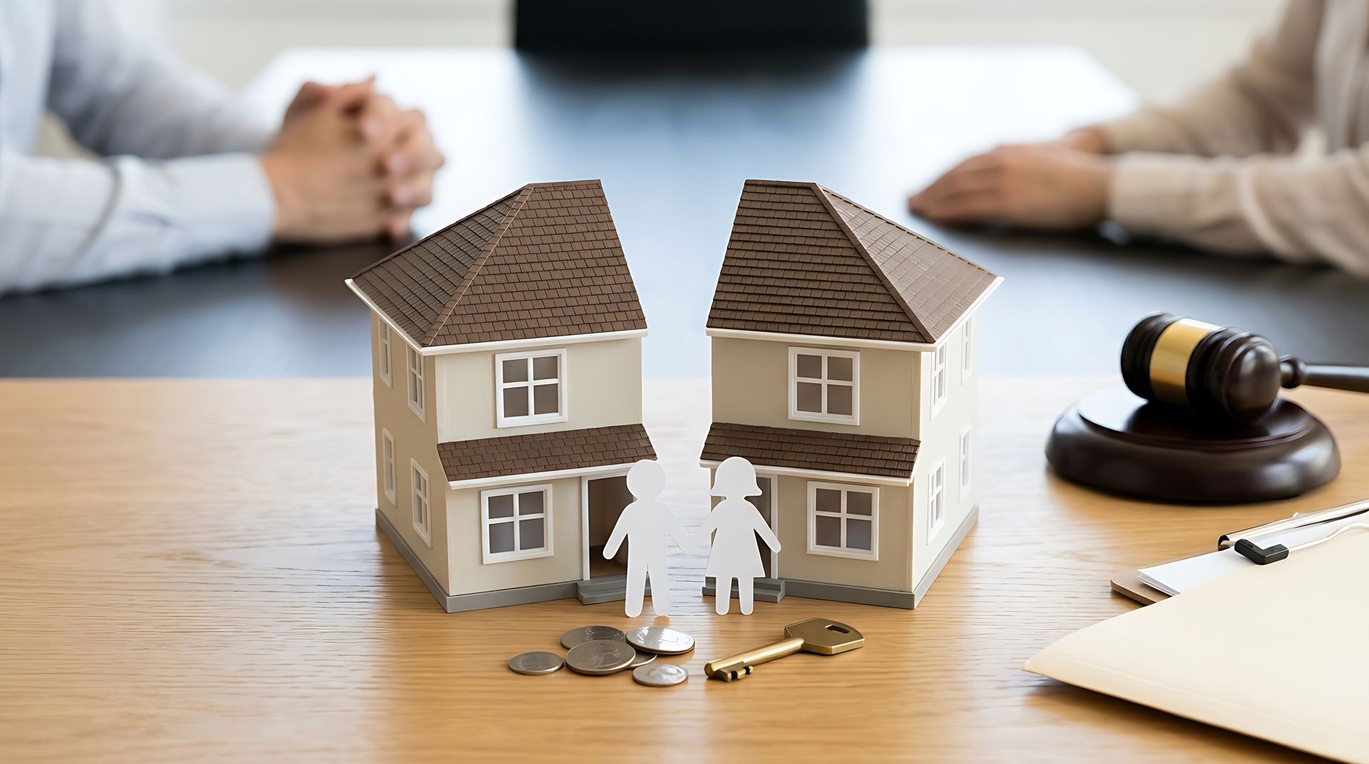 Des maisons miniatures, des figurines familiales, des pièces de monnaie et un maillet sur un bureau, avec des silhouettes floues en arrière-plan.