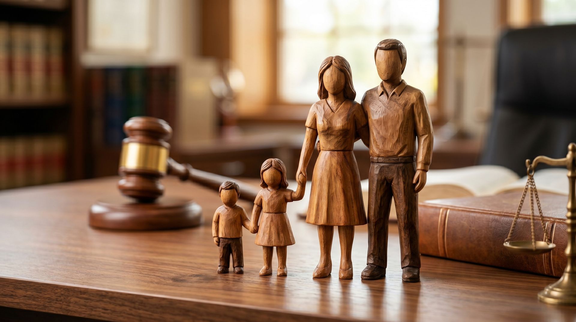 Des figurines familiales en bois sont posées à côté d'un marteau de juge sur un bureau, évoquant le droit de la famille.