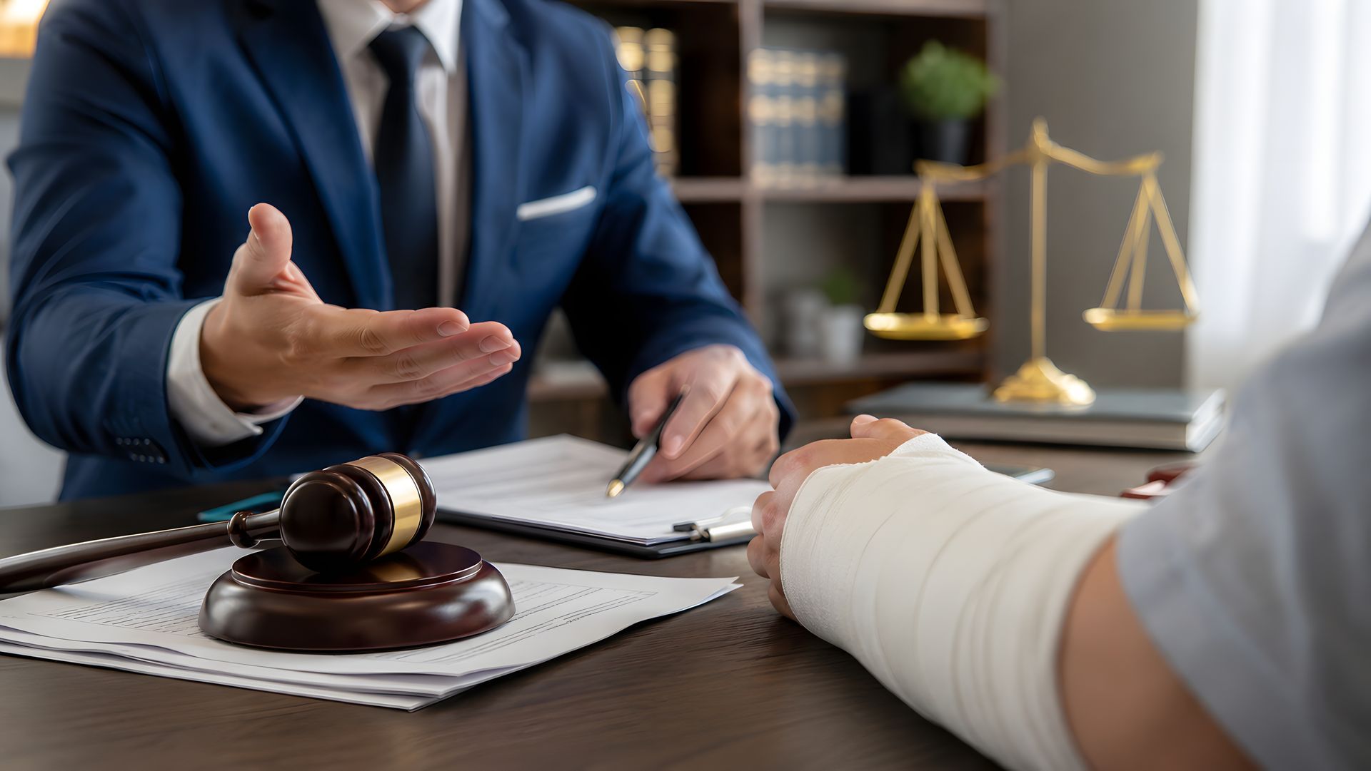 Un avocat, maillet et documents à la main, désigne un client au bras bandé.