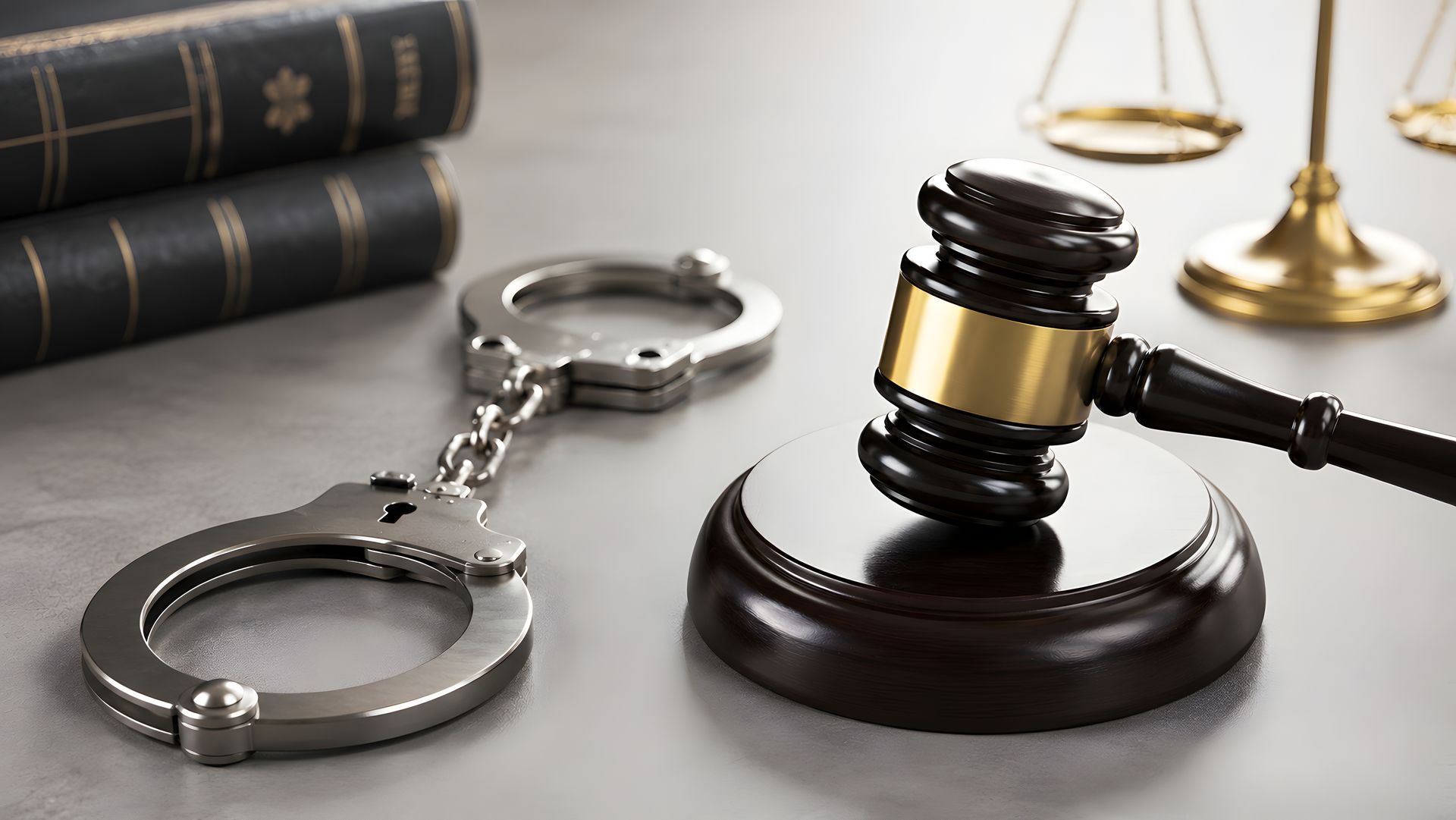 Menottes, marteau et ouvrages de droit sur un bureau, symbolisant la justice et les procédures légales