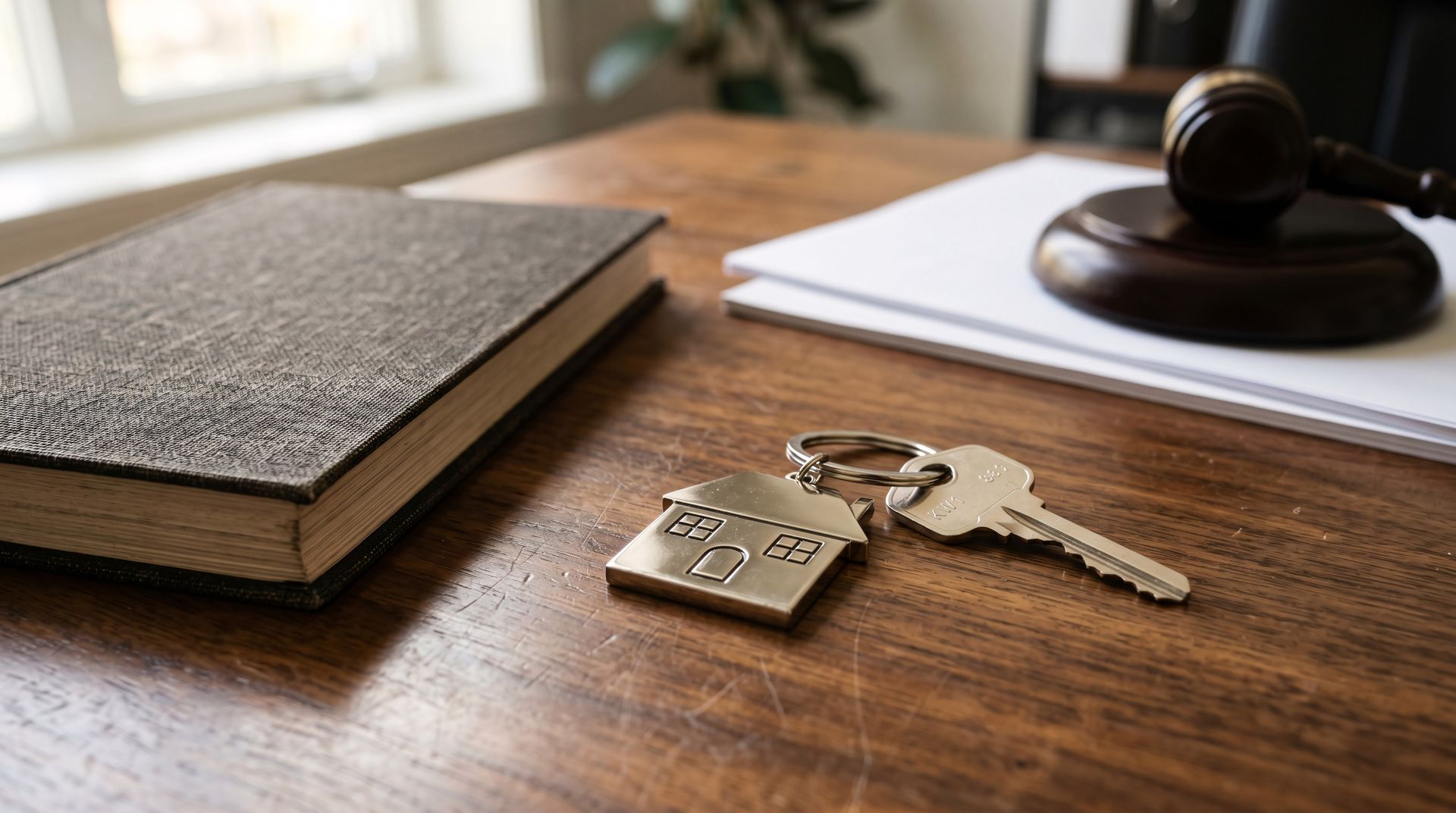 Des clés et un cadenas sur un bureau en bois, à côté d'un carnet et d'un maillet.