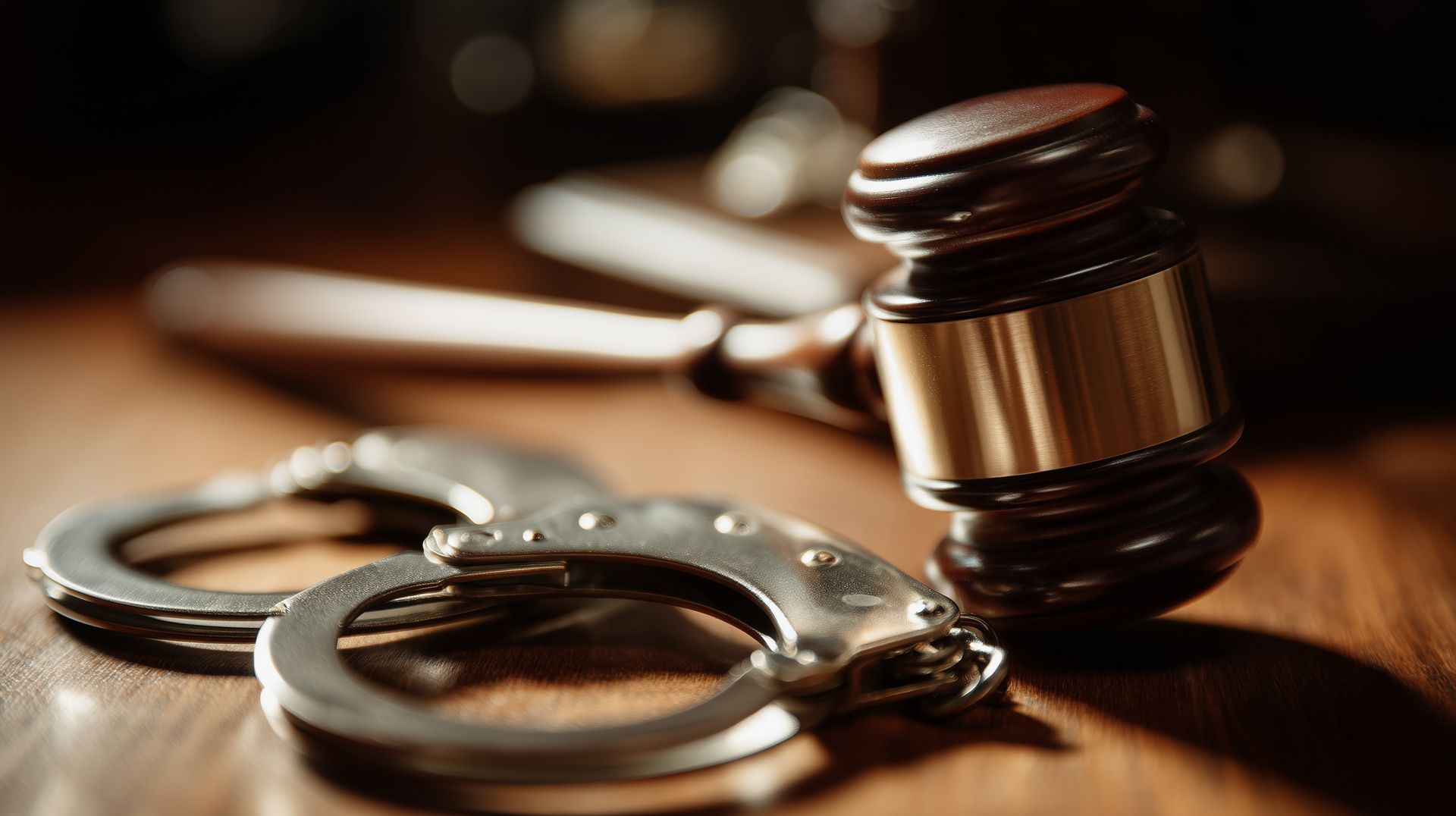 Un maillet à côté de menottes sur un bureau en bois, symbolisant la loi et la justice