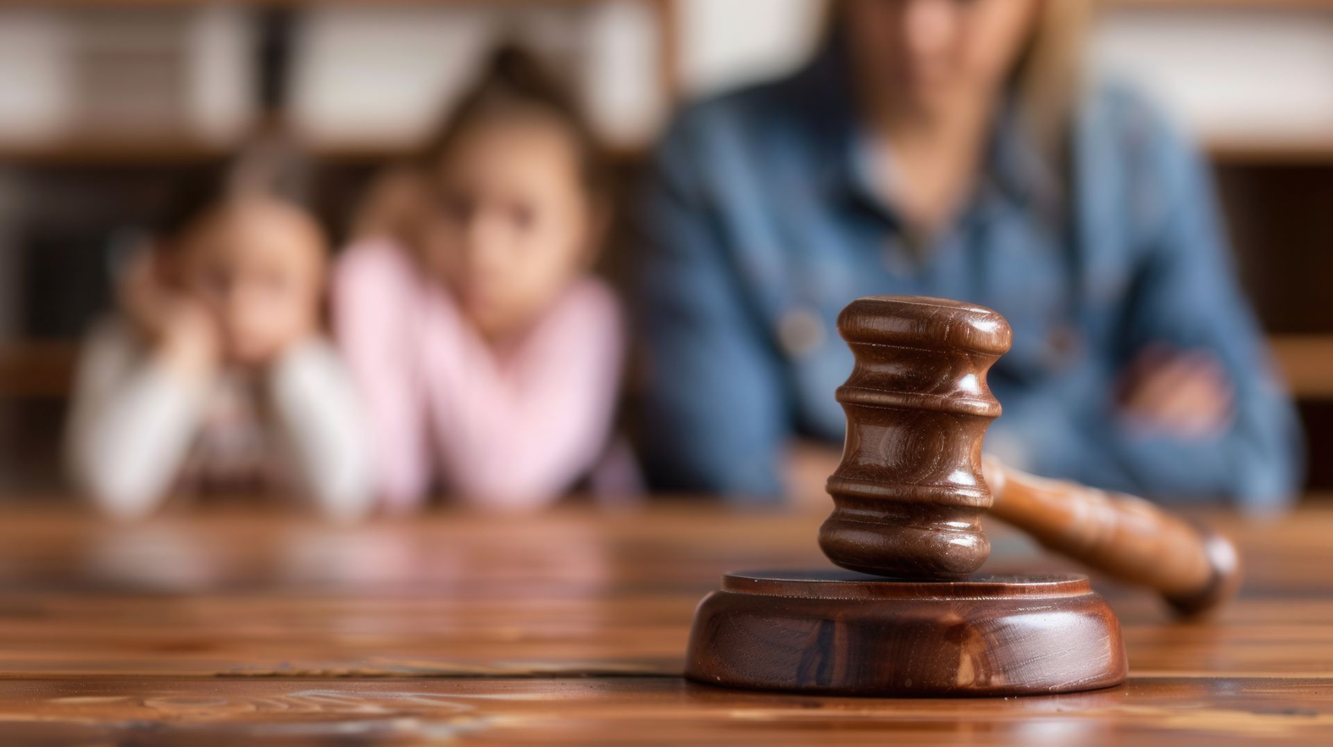 Un maillet de juge en bois posé sur une table, avec une famille floue en arrière-plan.