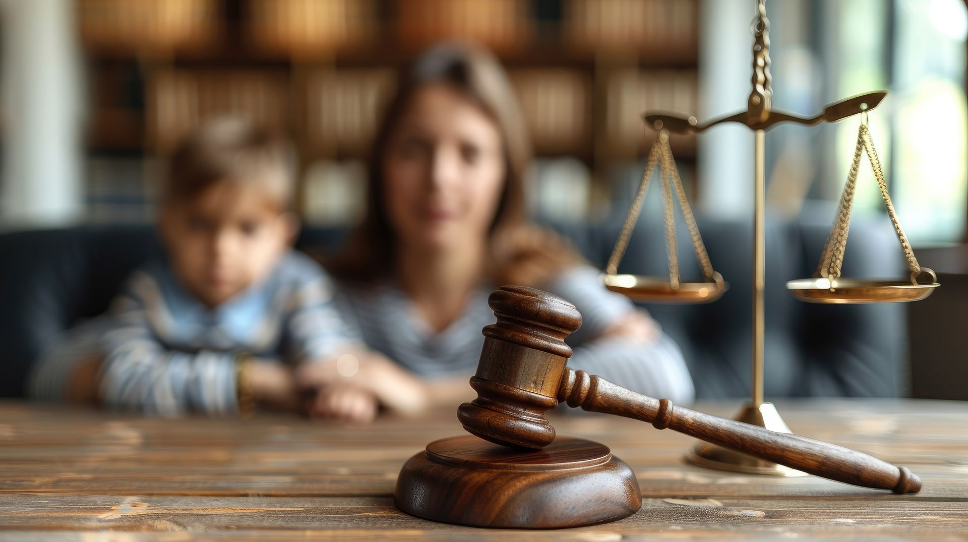 Scène sur le thème du droit avec un maillet et une balance sur une table, avec un adulte et un enfant flous en arrière-plan.