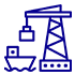 Un dibujo de línea azul de una grúa y un barco.