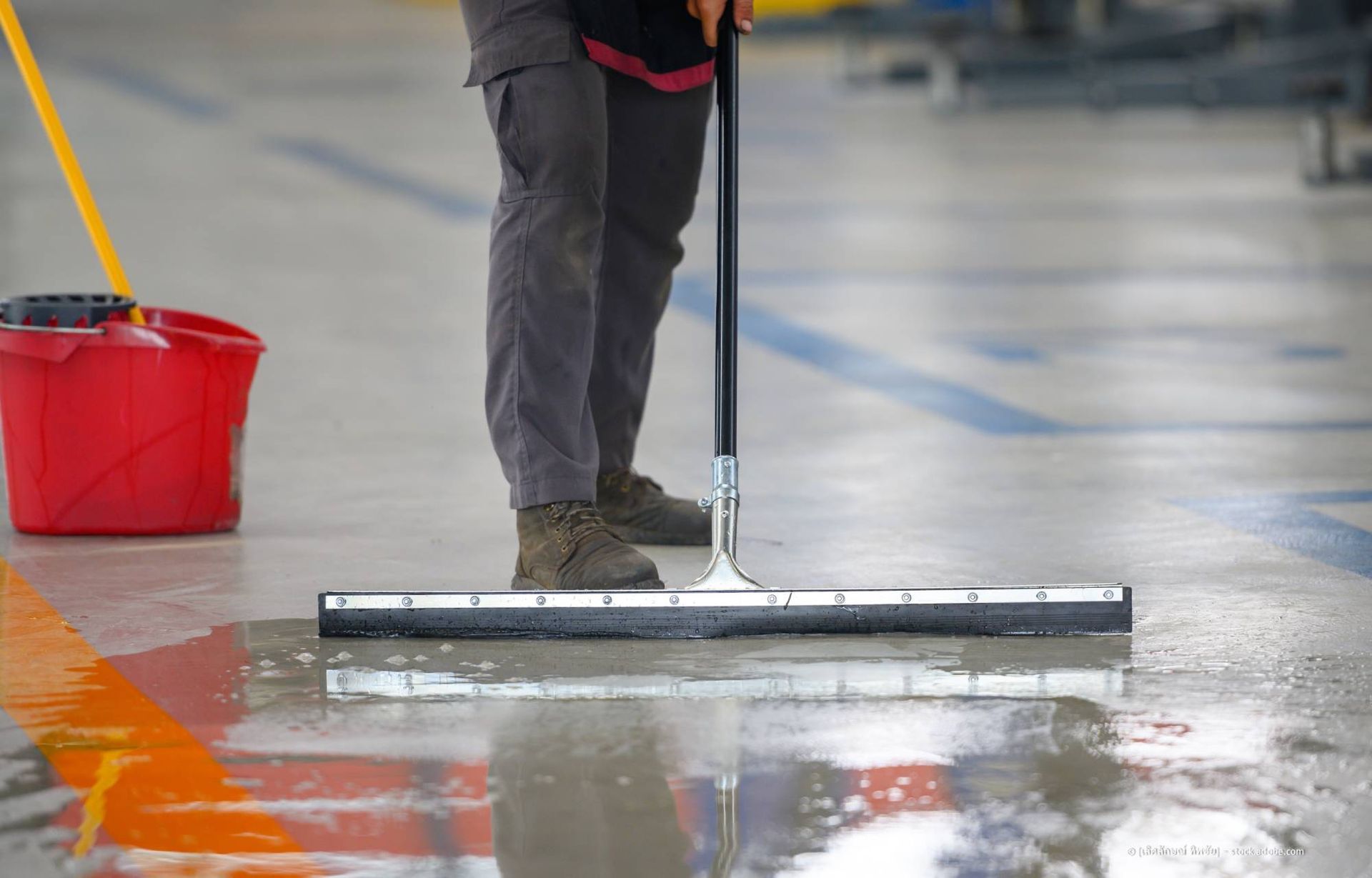 Eine Person wischt mit einem Mopp und einem roten Eimer einen nassen Fabrikboden ab.