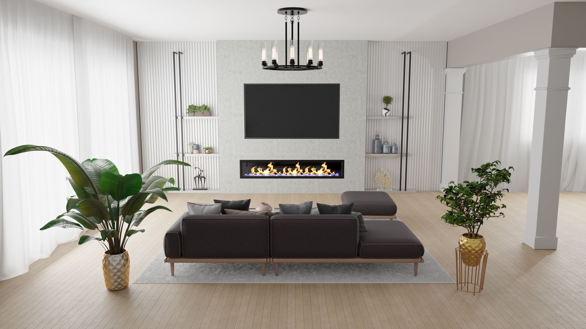Salon moderne avec un canapé foncé, une télévision murale, une cheminée et des plantes en pot dans un intérieur blanc lumineux.
