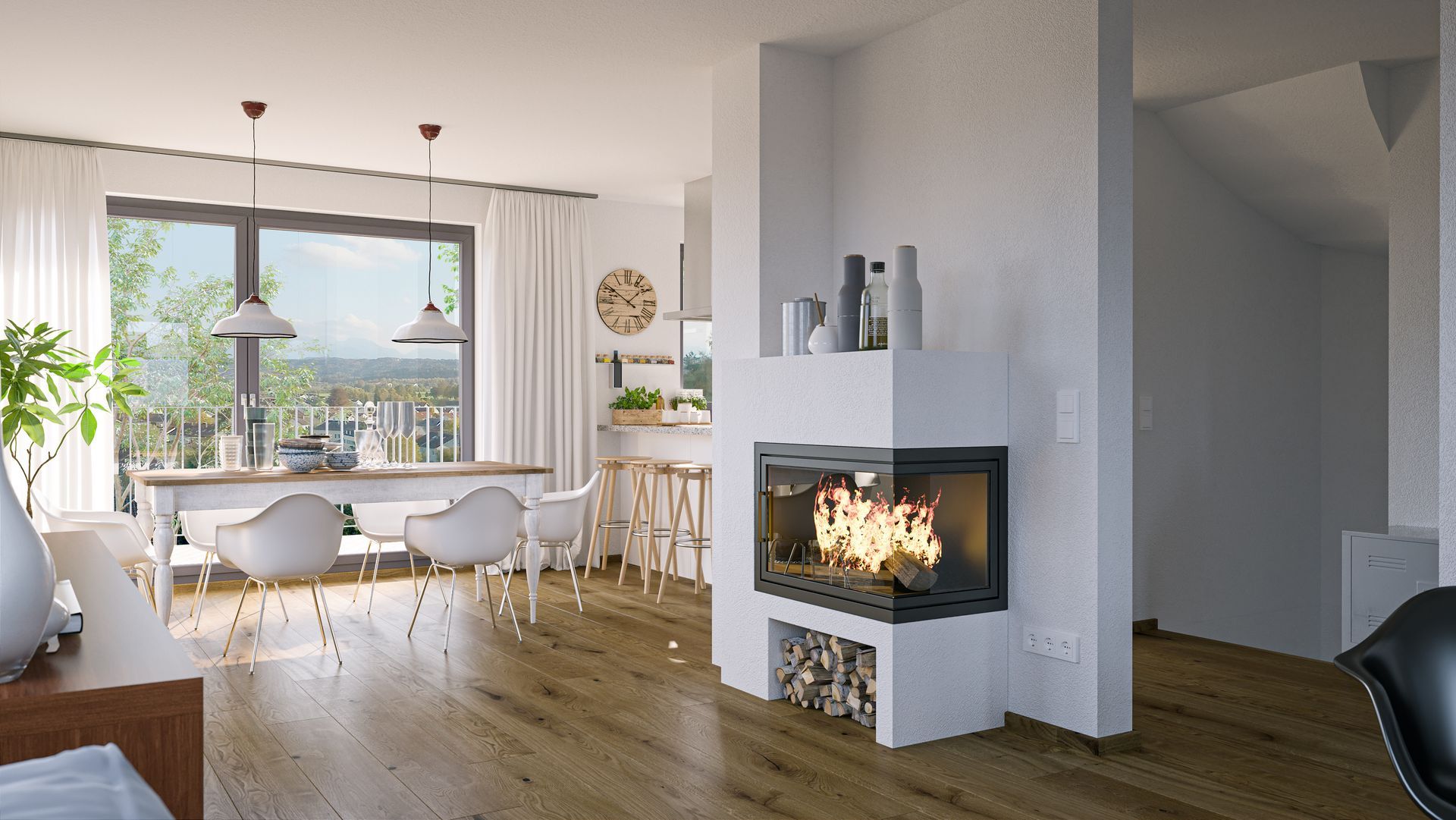 Salon moderne à aire ouverte avec cheminée, table à manger, parquet et grandes fenêtres donnant sur un balcon.