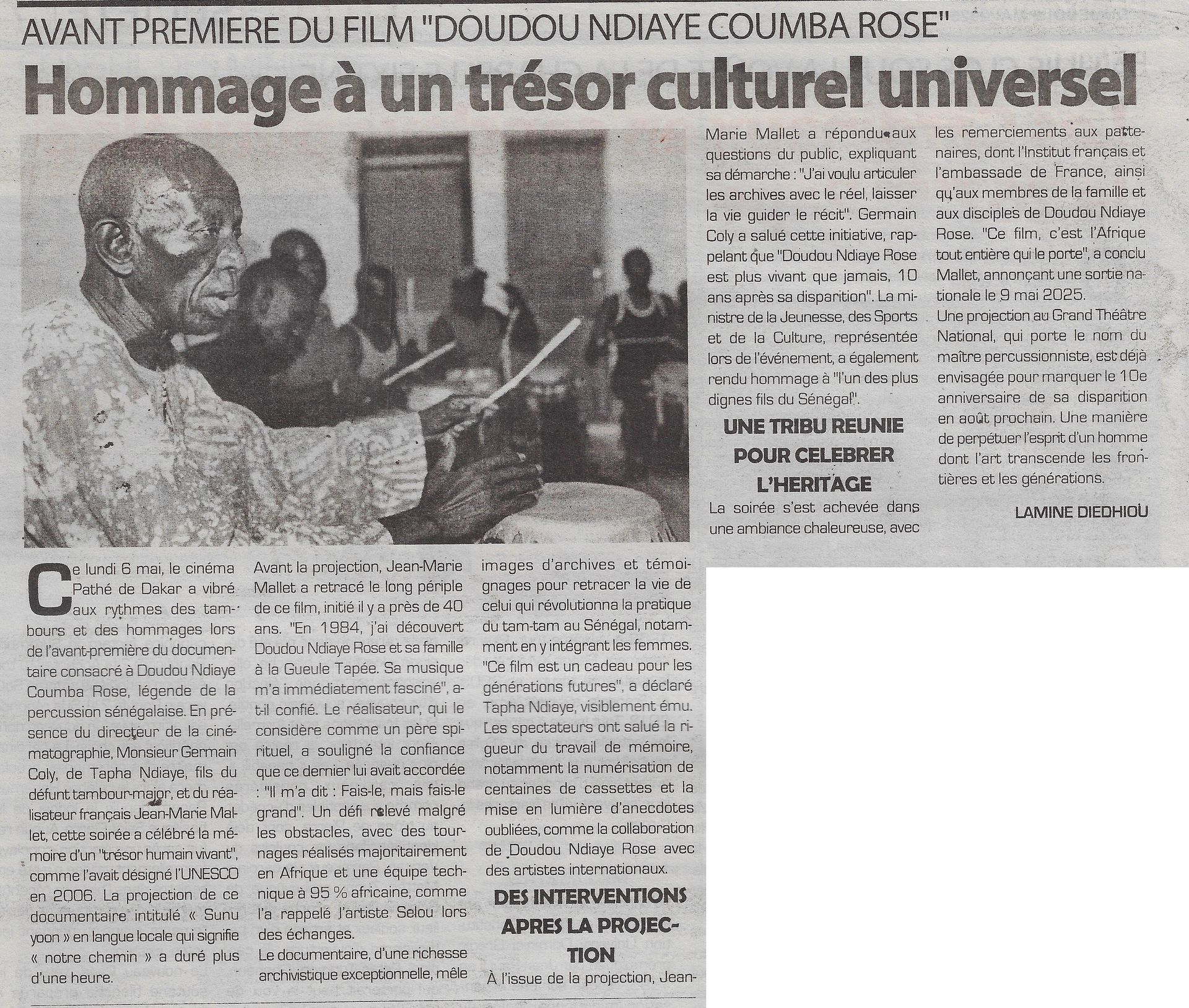 Article sur le film Sunu Yoon dans le journal Sud Quotidien - 2e page