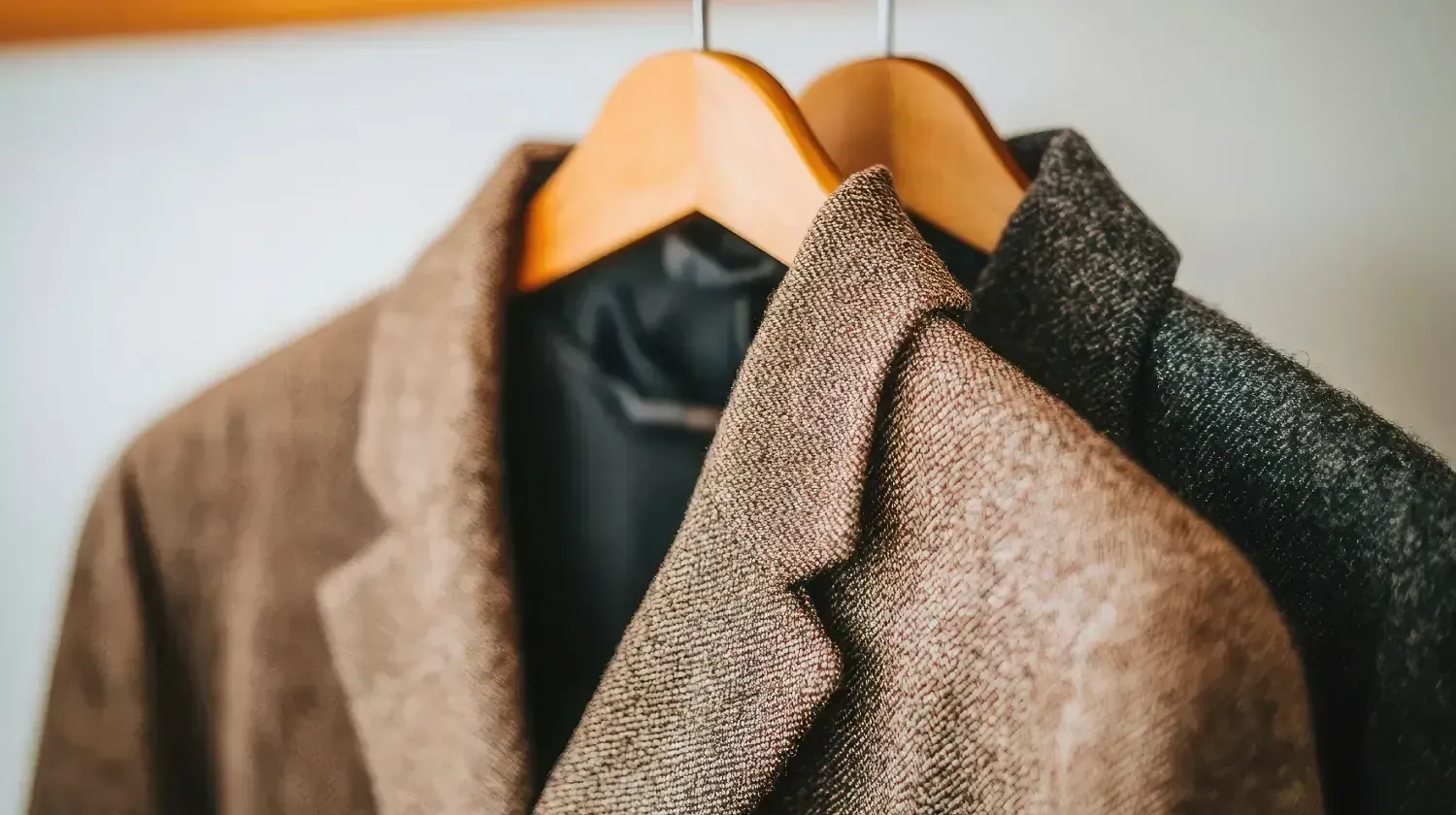 Dos blazers texturizados, uno marrón y otro gris oscuro, colgados en perchas de madera sobre un fondo blanco liso.