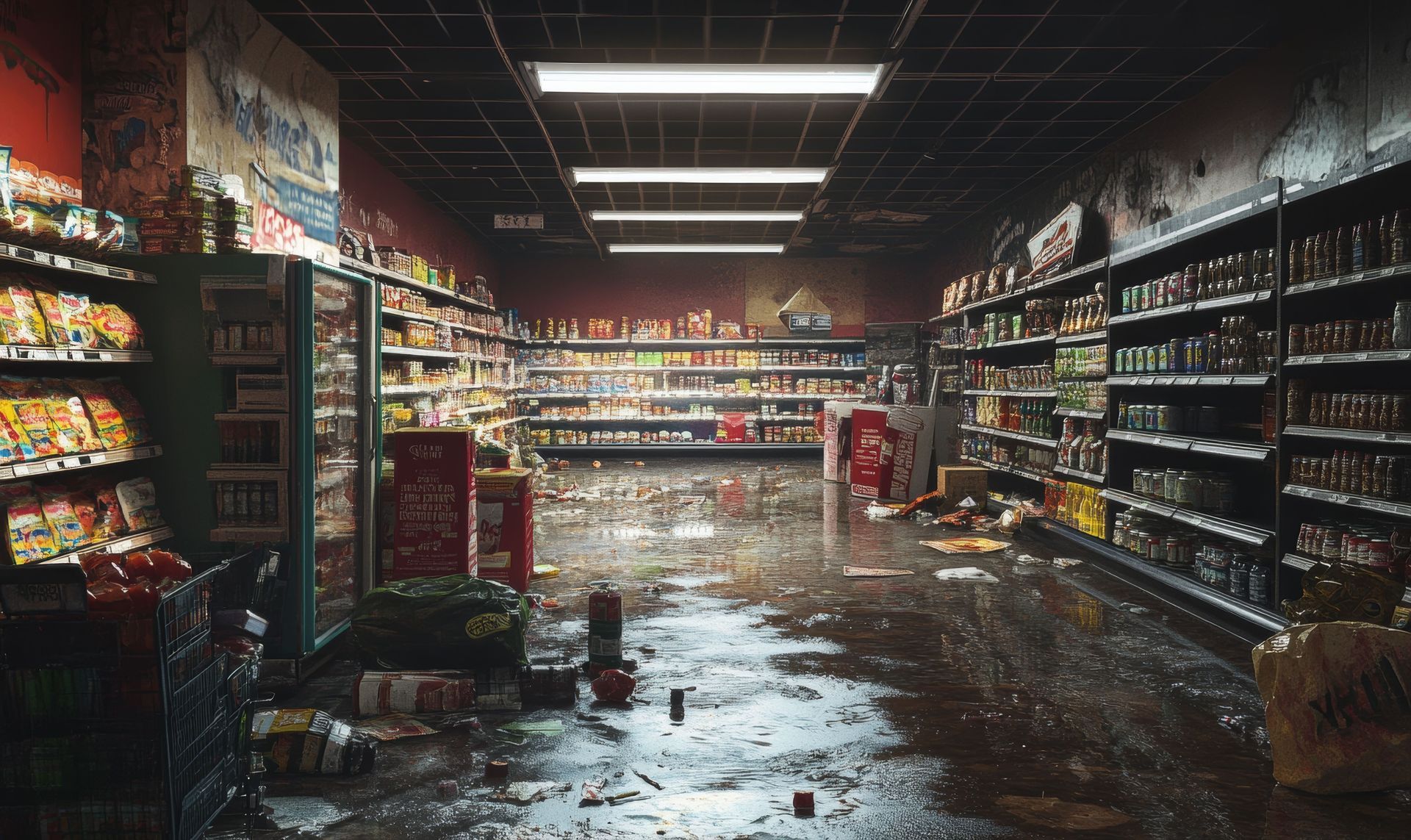 Rayon d’épicerie inondé, jonché de débris, avec des étagères garnies.