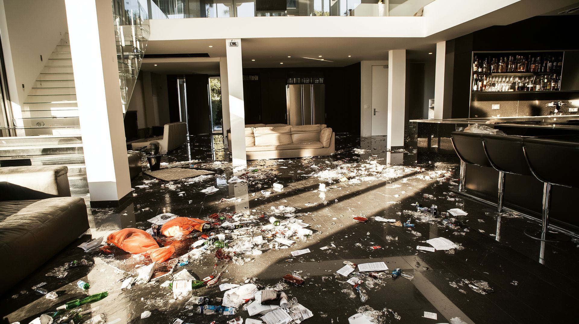 Hall d’hôtel moderne avec des vitres brisées, des débris et du mobilier renversé.