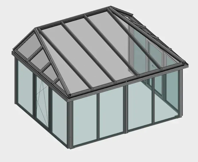 3D-Rendering eines Glasgewächshauses mit grauem Schrägdach und gerahmten Fenstern