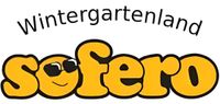 Logo für Wintergartenland mit dem Wort „sofero“ und einer lächelnden Sonne mit Sonnenbrille in Gelb mit schwarzem Umriss.