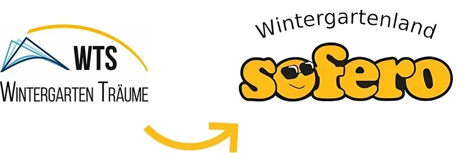 Das Logo von WTS Wintergarten Träume zeigt auf das Sofero-Logo von Wintergartenland; die beiden sind durch einen gelben Pfeil verbunden.
