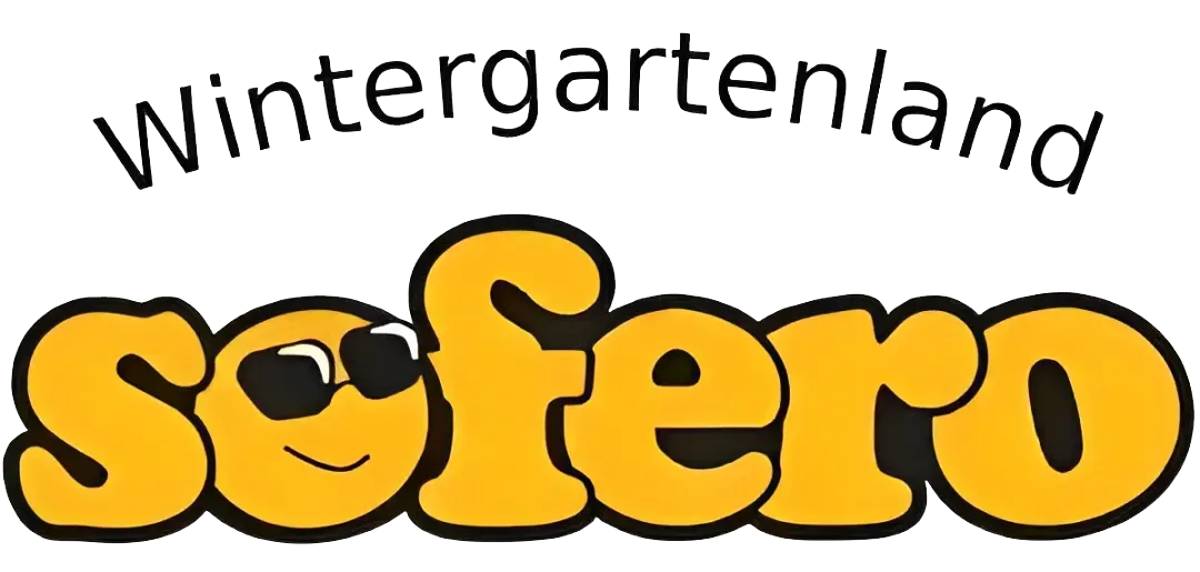 Wintergartenland-Logo mit gelbem „sofero“-Schriftzug und Sonnenbrille auf dem „o“