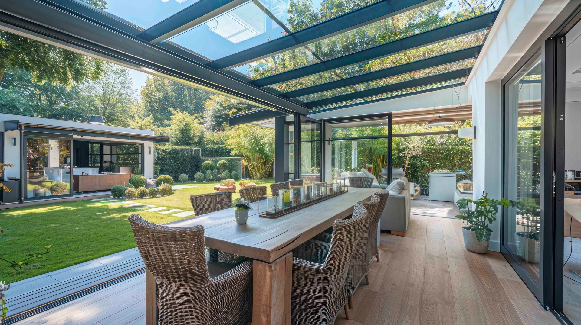 Überdachter Essbereich auf der Terrasse mit Korbstühlen, langem Tisch und Blick auf den grünen Garten