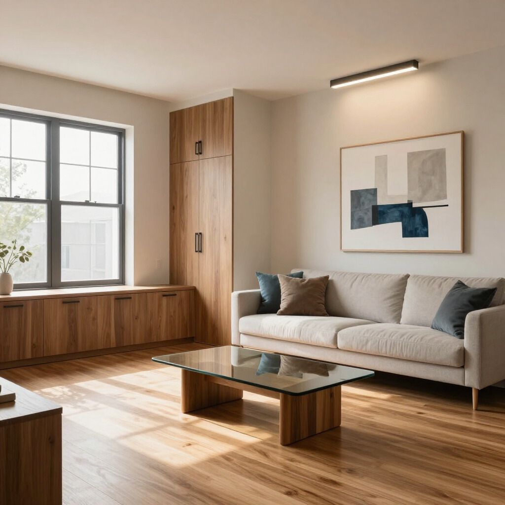 Salón moderno con suelo de madera, sofá beige, mesa de centro de cristal y gran ventanal con luz natural.