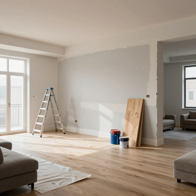 Sala de estar luminosa con escalera, latas de pintura y una pared parcialmente pintada durante la renovación.