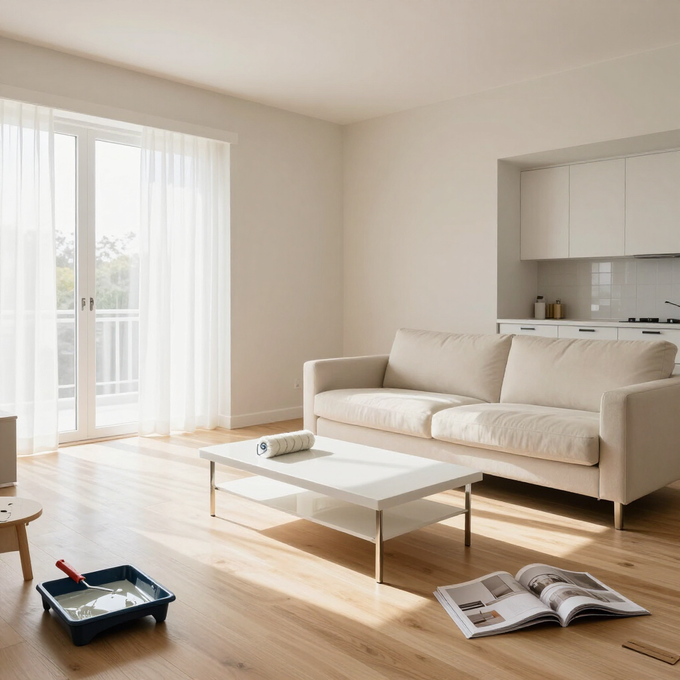 Luminoso salón con sofá beige, mesa de centro, puertas que dan al balcón y una revista abierta en el suelo.