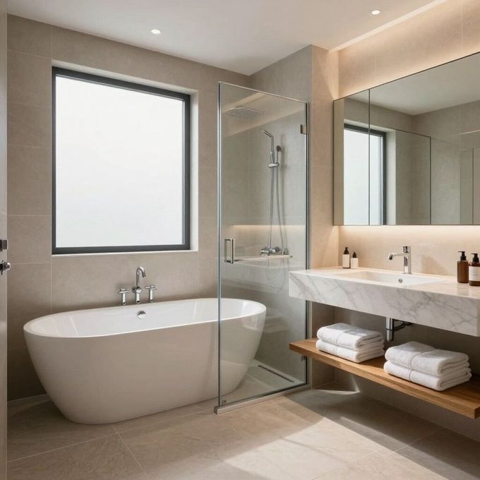 Baño moderno con bañera independiente, ducha de cristal y tocador con espejo y toallas.