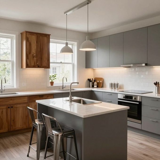 Cocina moderna con gabinetes grises, detalles de madera, isla y lámparas colgantes.