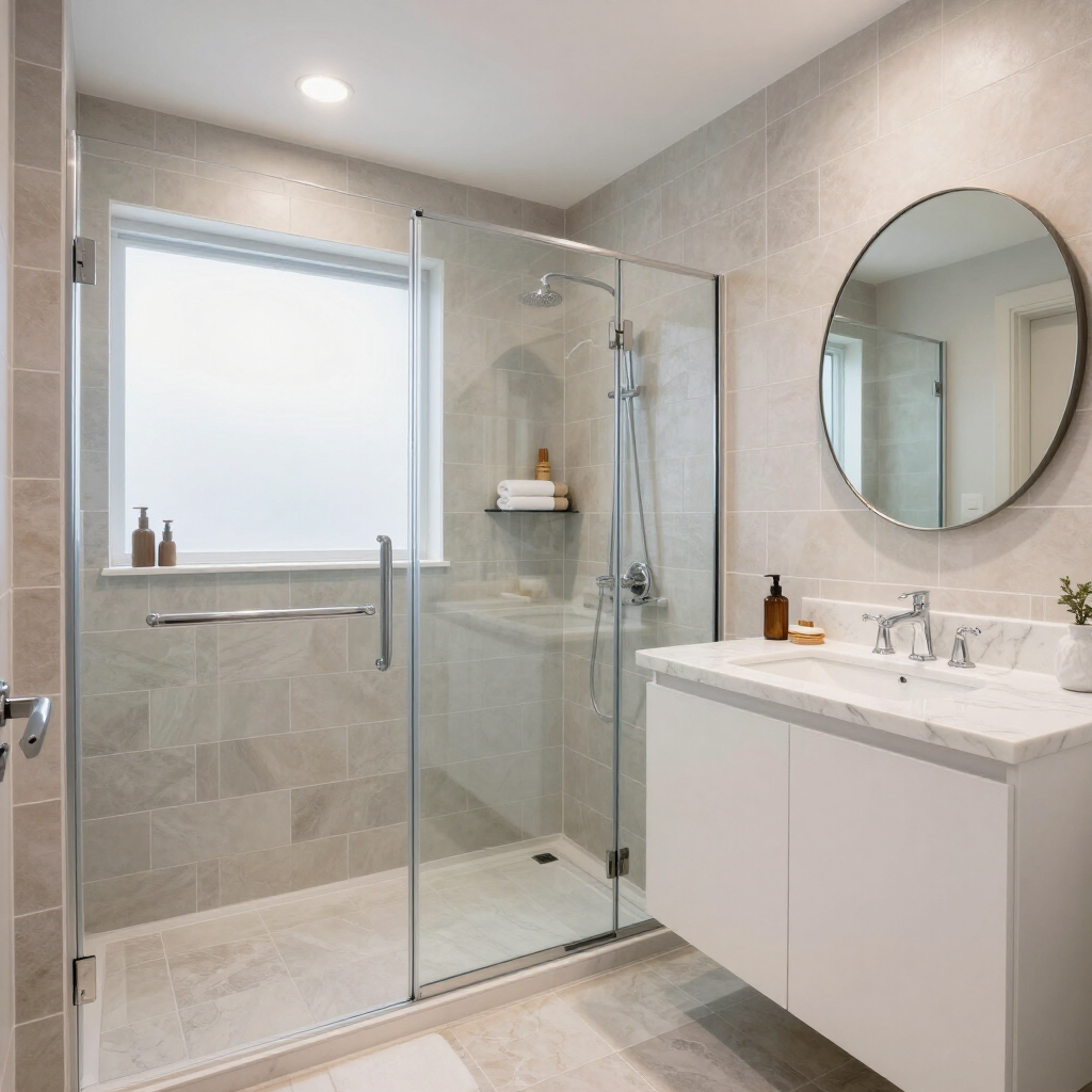 Baño moderno alicatado con ducha de cristal, lavabo blanco, espejo redondo y ventana esmerilada.