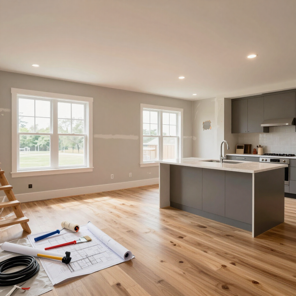 Cocina y sala de estar luminosas y sin terminar, con pisos de madera, isla gris y herramientas de renovación en el suelo.
